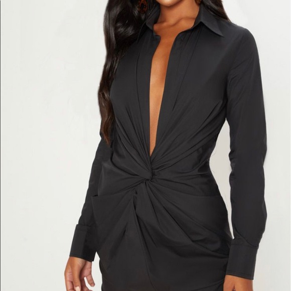 Black Plunge Knot Detail Shirt Dress - Picture 2 of 8